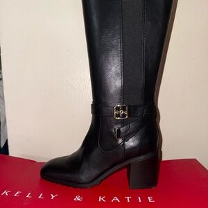 Kelly & Katie Black Leather Mid-Calf Block Heel Boot with Gold Buckle